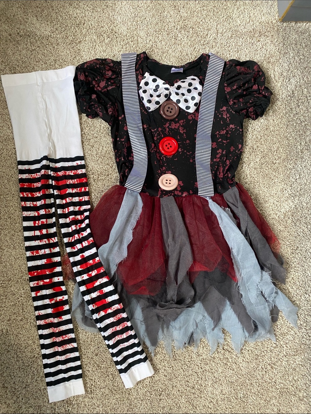 Spirit Black, Red & Gray Girls Halloween Clown Costume with Striped Tights